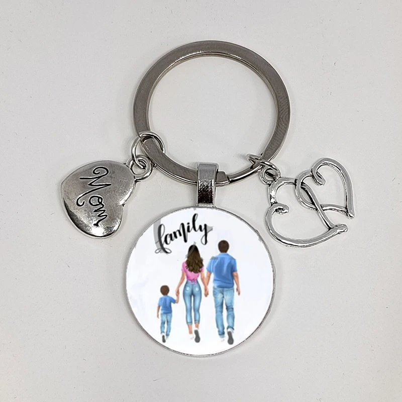 Happy Family Super Dad Mom Boy Girl Mother\'s Day Gift Keychain Men\'s and Women\'s Fun Glass Cabochon Keychain Parent-Child Gift