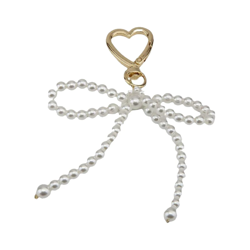 Korean Sweet Pearl Bow Keychain Heart Pendant Keyring Y2K Aesthetic Key Holder For Girls Bag Pendant Accessories