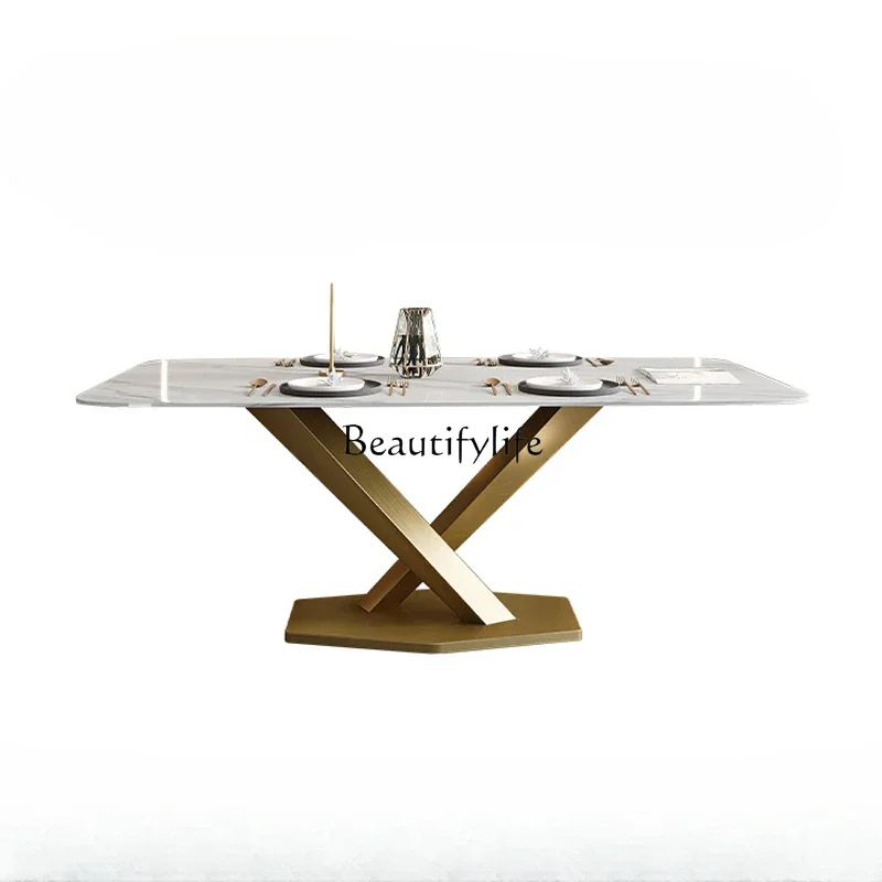 

FG44Light luxury rock slab modern Nordic home high-end stainless steel rectangular dining table