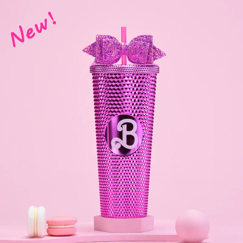 Różowe kubki B nowe dwuwarstwowe plastikowy kubek ze słomką 710ml kreatywne przenośne diamentowy kubek o dużej pojemności