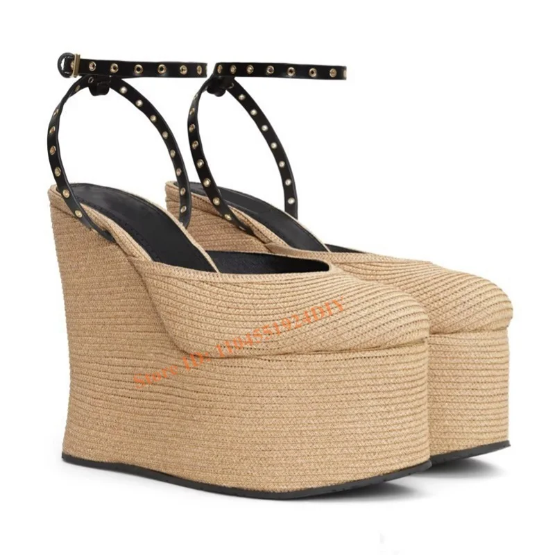 

New Metal Buckle Round Natural Straw Platform Wedge Heel Sandals Thick Heel Thick Sole Versatile Western Shoes