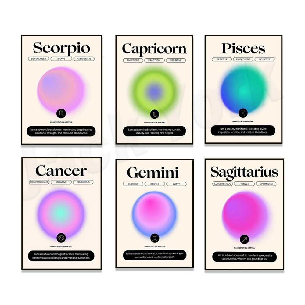 Constellation Wall Art Canvas Painting Astrology Gradient Aura Zodiac Poster Horoscope Pictures for Living Room Home Decoration