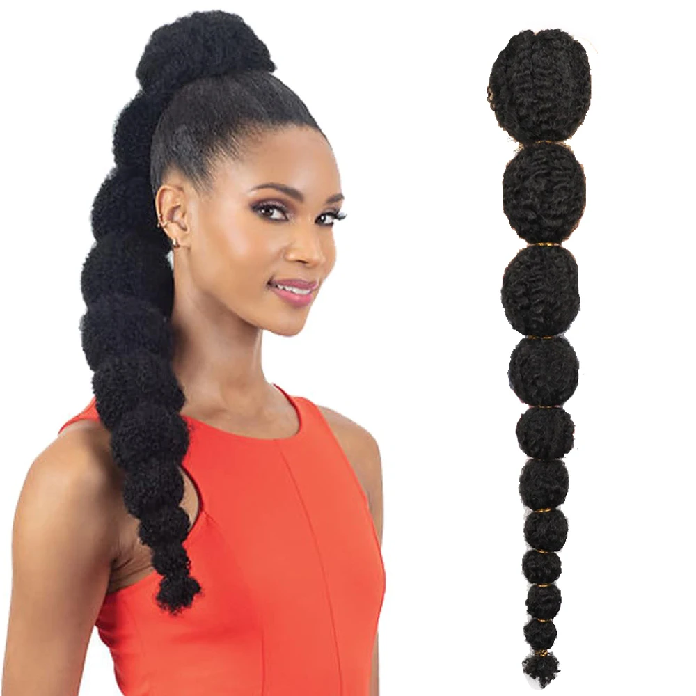 

24inch Synthetic Long Yaki Straight Lantern Bubble Braid Ponytail Hair Extension Elastic Rubber Bands Hairpiece for Women