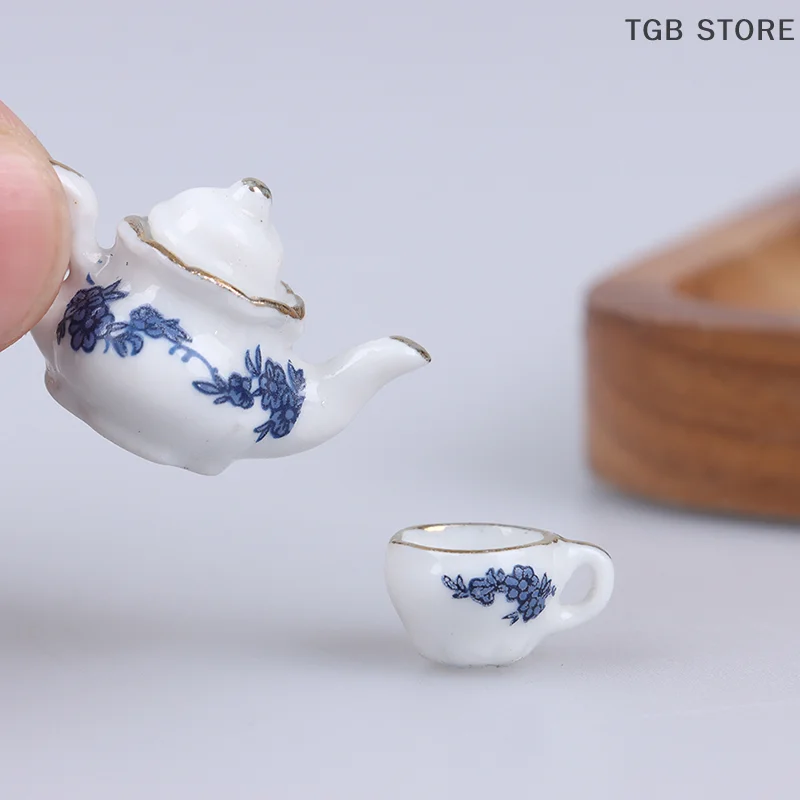 6Pcs Dollhouse Miniature Dining Ware Porcelain Tea Set Dish Cup -Flower Pattern
