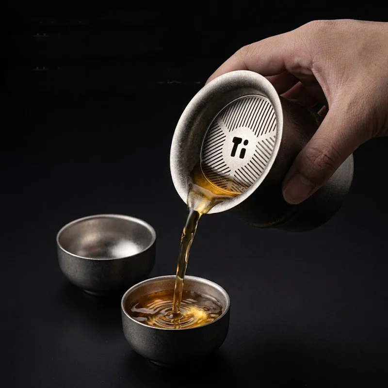240ml Pure Titanium Bamboo Joint Style Tea Infuser with 2 Tea Cups,Double-Layer Hollow,All-in-one Storage,Lightweight Tea Set