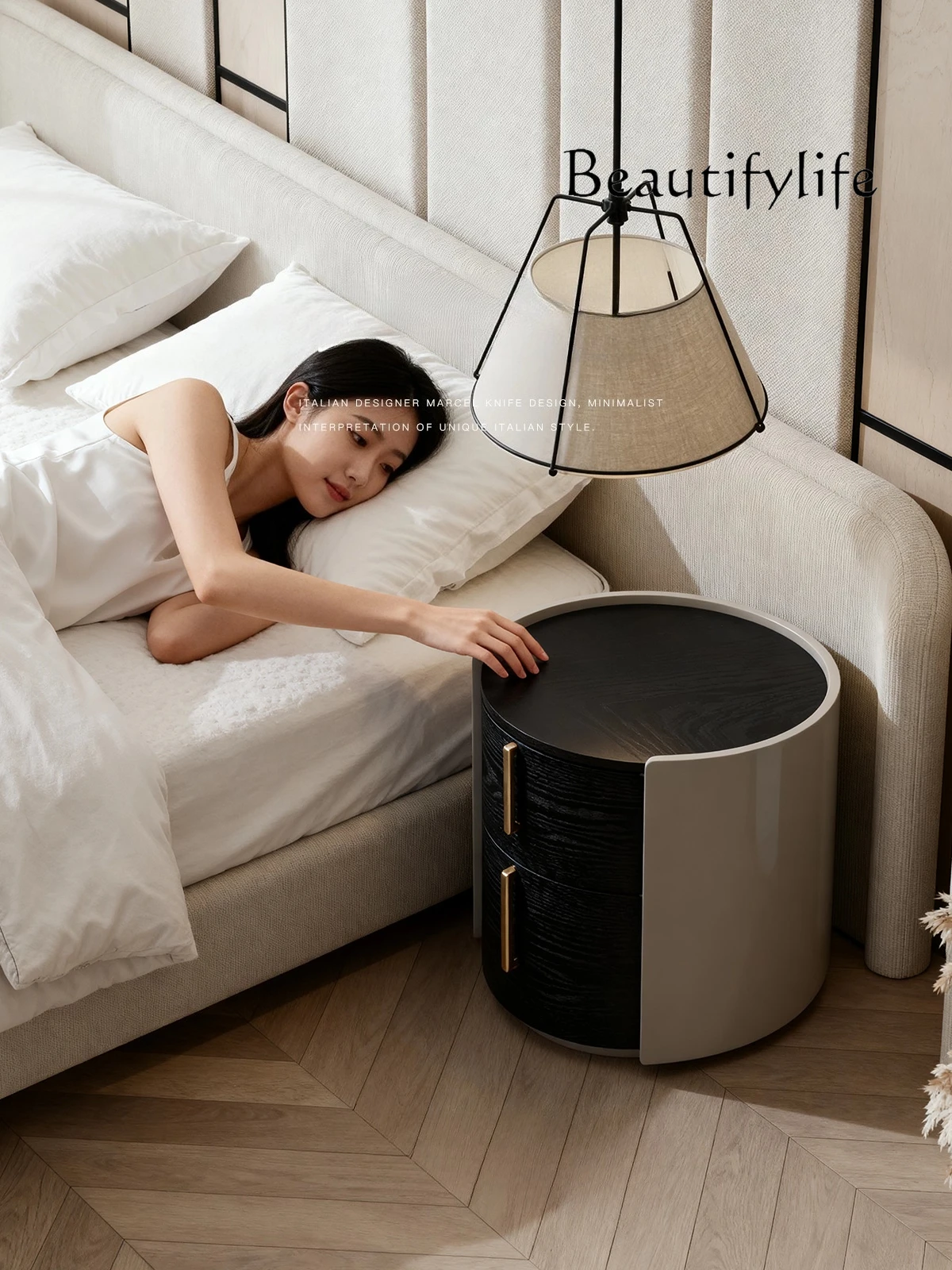 

Italian minimalist round paint bedroom light luxury designer smoky paint storage bedside table