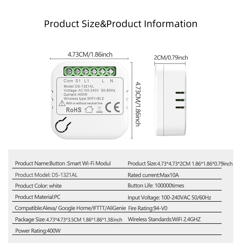 Cozylife WiFi Mini Smart Switch Nessun cavo neutro 400W FAI DA TE Controllo a 2 vie Interruttori intelligenti Modulo interruttore Funziona con Alexa