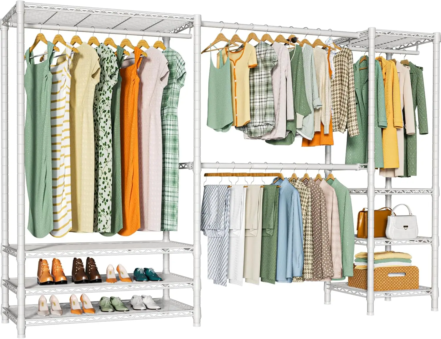 E11 Heavy-Duty Garment Rack, Metal Freestanding Clothes Rack and Closet Storage Organizer with 8 Shelves and 4 Hanger Rods, (73.