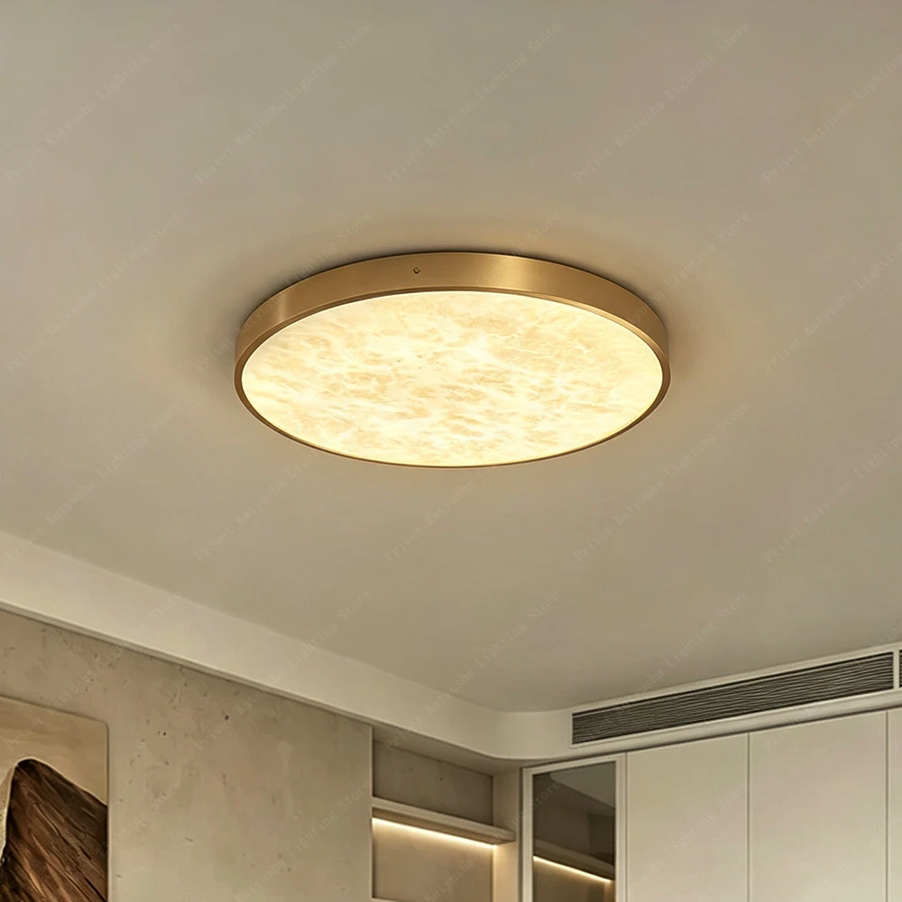 Round Gold Thin Spanish Marble Ceiling Lights Led Home Decoration Brushed Copper Alabaster Lighting Fixture for Living Room