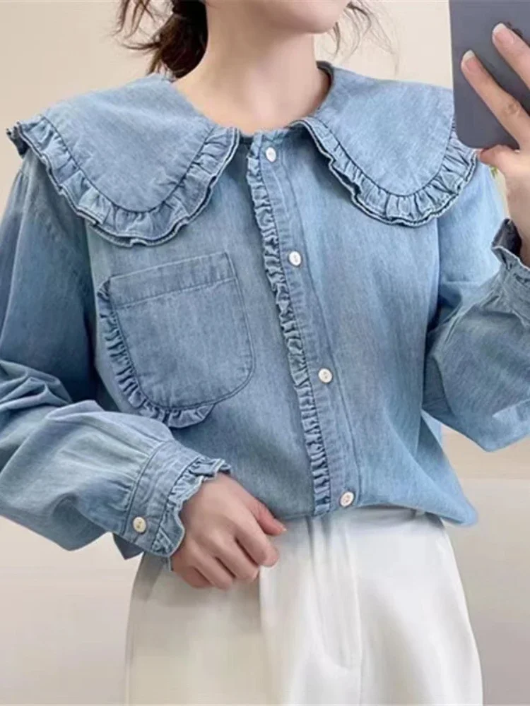 

Sweet Lolita Denim Shirt Top Japanese Soft Girl Preppy Style Peter Pan Collar Ruffles Shirt Aesthetic Lolita Denim Shirt Top Y2k