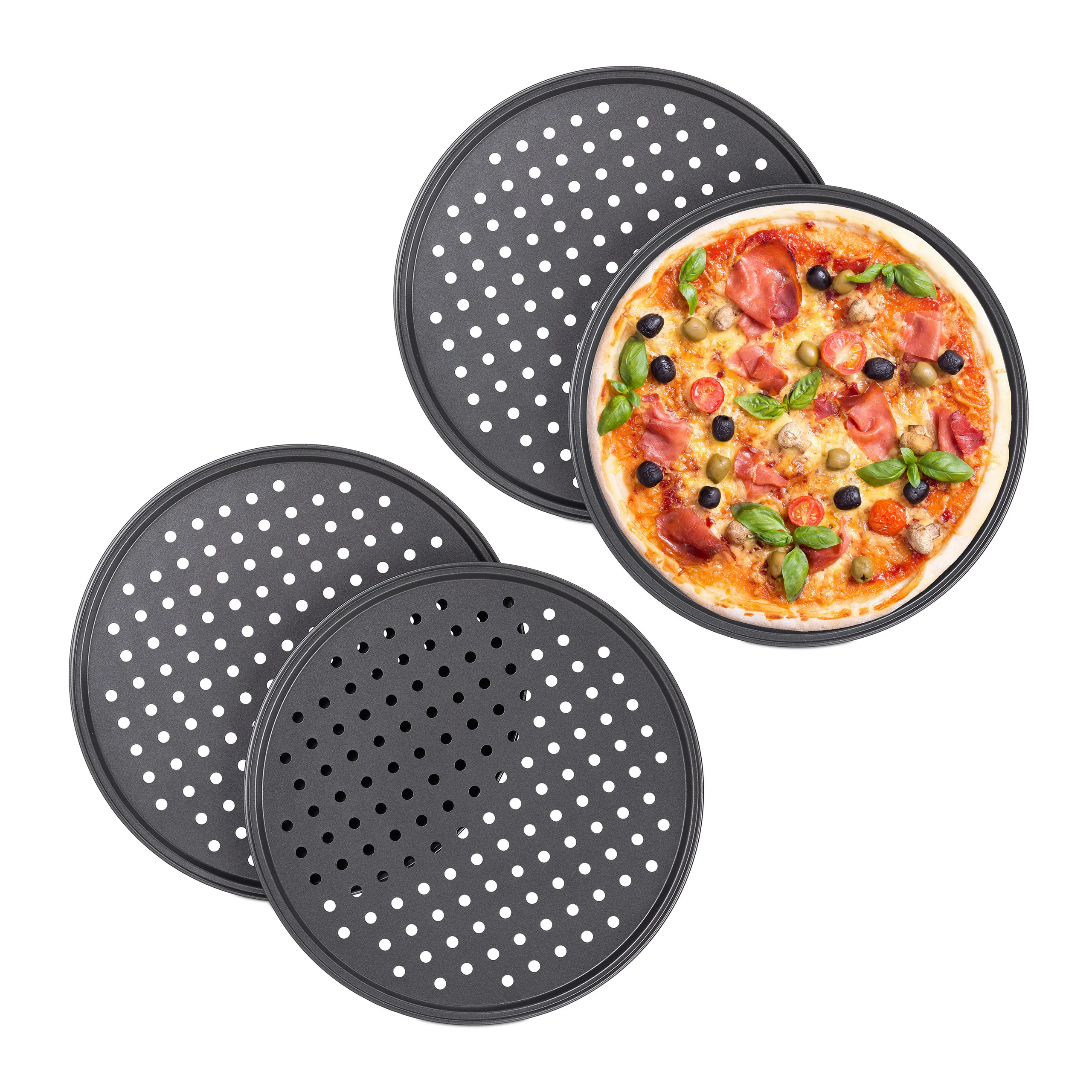 Set Pizzableche 4Er, con bordo ondulato, per pizza e flammkuchen, rotondo, antiaderente, in acciaio, antracite, Ø 32 cm, teglie per pizza croccante, Relaxdays