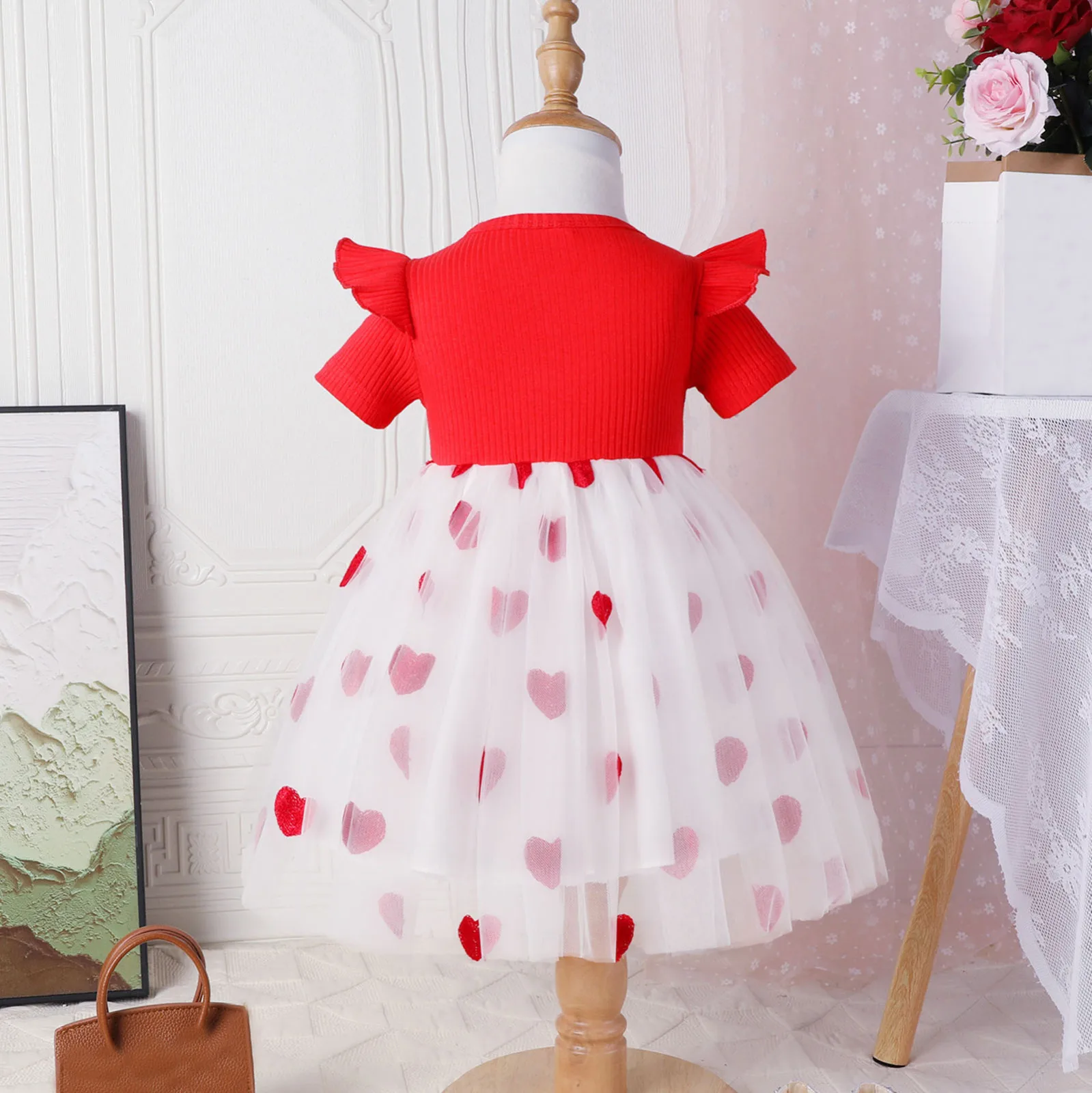 3M-2Y Valentine's Day Newborn Infant Toddler Baby Girl Dress Heart Embroidery Short Sleeve Tutu Party Dresses Girl Tulle Gown