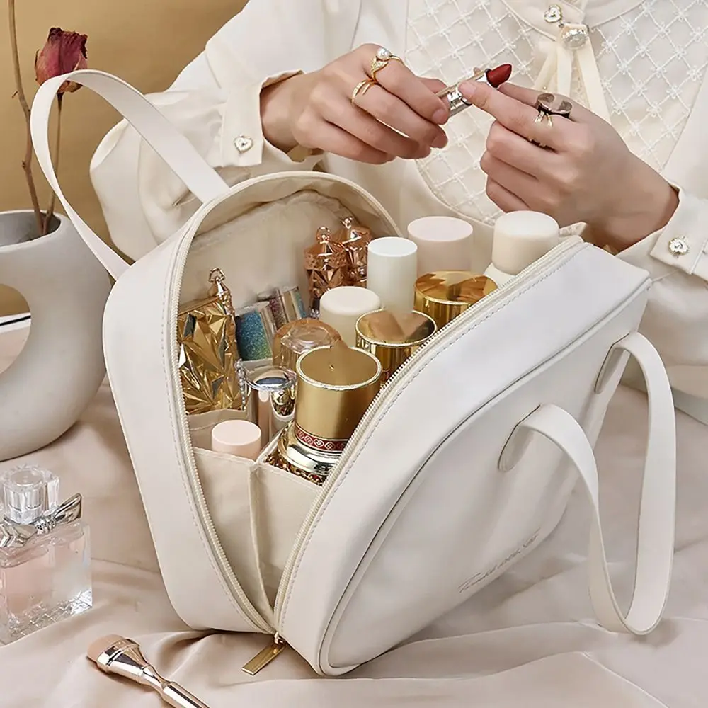 Borsa per il trucco in PU custodia per cosmetici con manico borsa per cosmetici da viaggio conservazione a scomparti borsa da toilette di grande