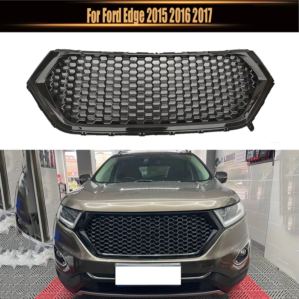 For Ford Edge 2015 2016 2017 Gloss Black Honeycomb Front Bumper Mesh Cover Grille Trims Bumper ABS Mask Modified Racing Grill