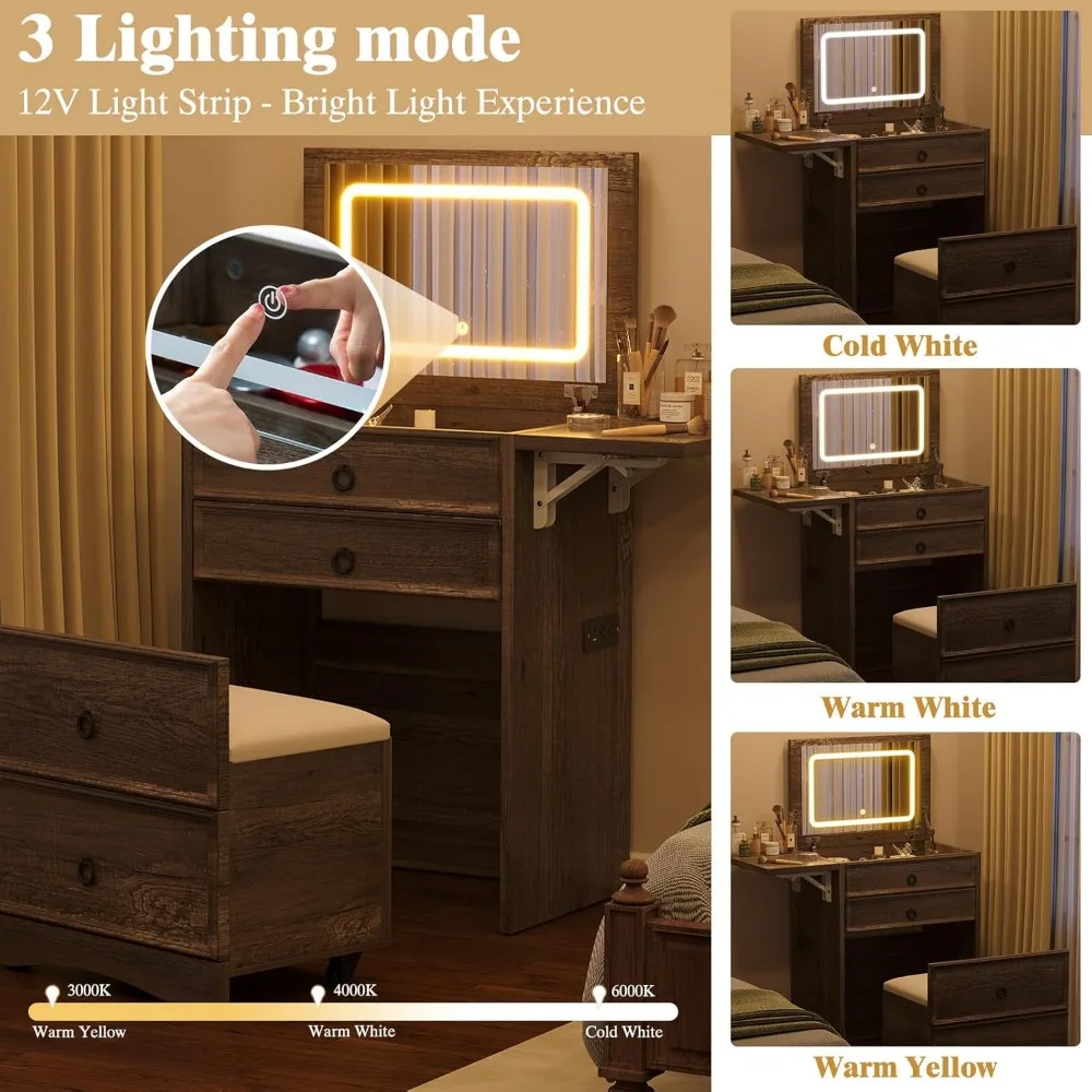 3-in-1 Vanity Set with LED Lighted Flip Top Mirror, Makeup Table with Fold-Up Panel, Hidden Stool, Charging Station, Small