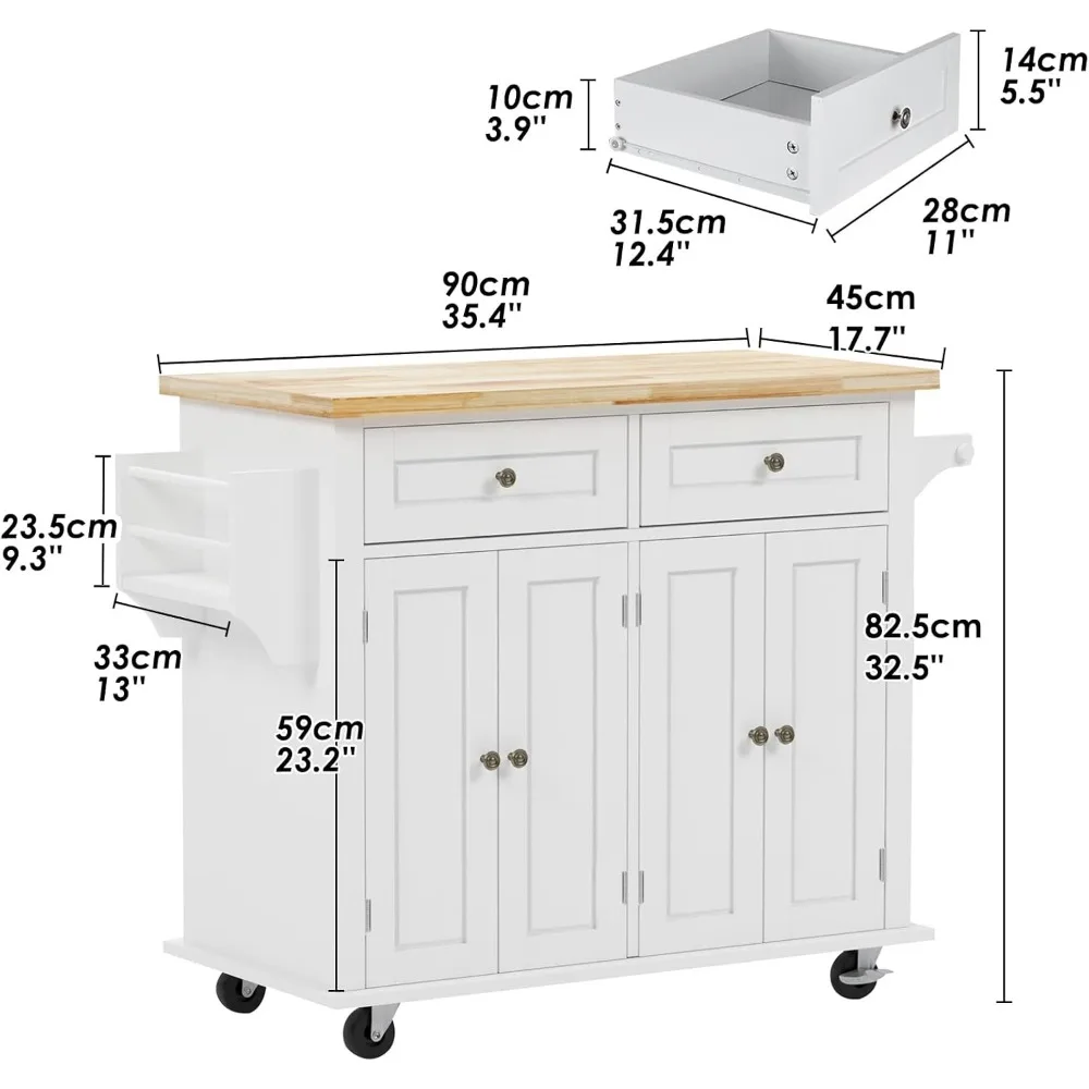 Iles de cuisine et chariots équipés de 2 égouts de proximité et d'étagères réglables, dessus de seau en bois de caoutchouc, épices T1 et serviette T1