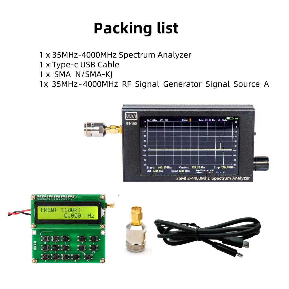 

35MHz- 4400MHz Handheld Spectrum Analyzer GS-100 + RF Signal Generator + Battery For Walkie-talkie,Toy Remote Control 2.4G Wifi