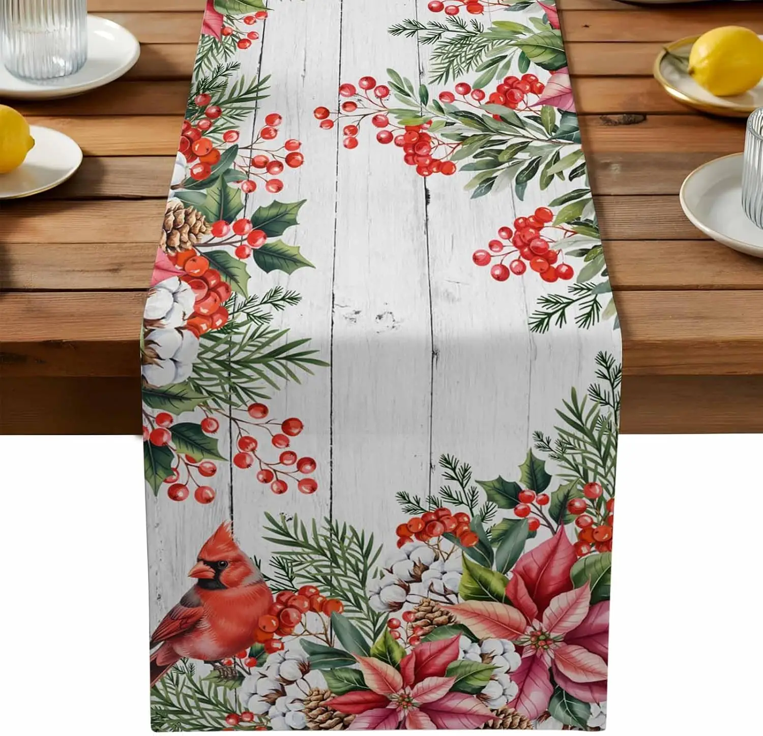 Christmas Poinsettia Berry Pinecone Linen Table Runner Party Decor Winter Birds Wood Dining Table Runners Christmas Decorations