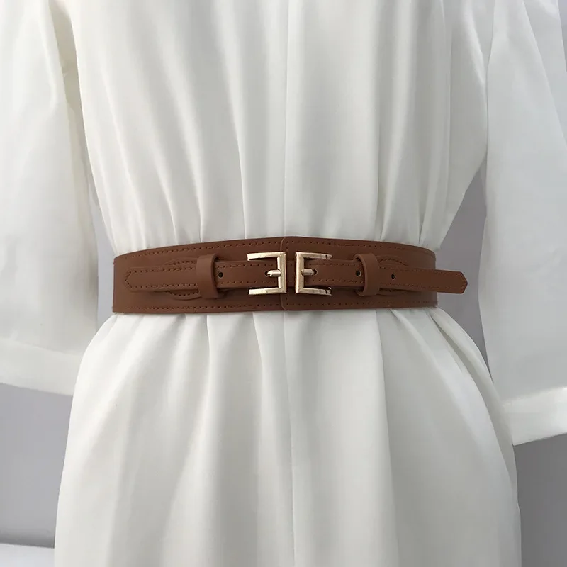 Women Belts PU Leather Corset Belt Female Metal Buckle Belts for Ladies Leisure Dress Jeans Wide Elastic Double Button Waistband