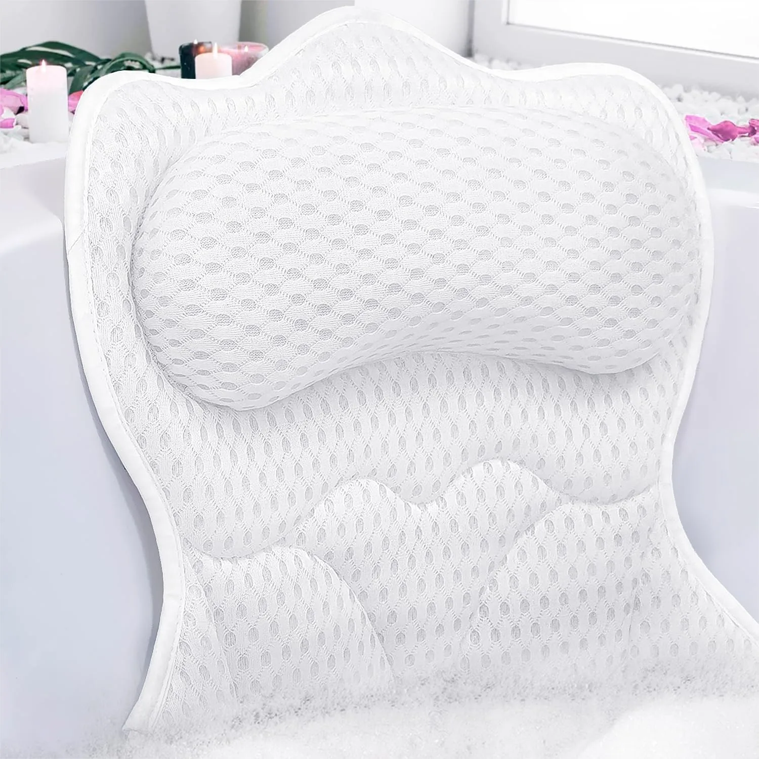 

Bath Pillows for Tub, 4D Mesh Fabric Neck & Back Support with 6 Non-Slip Suction Cups, Extra Thick Luxury Bathtub Pillow White
