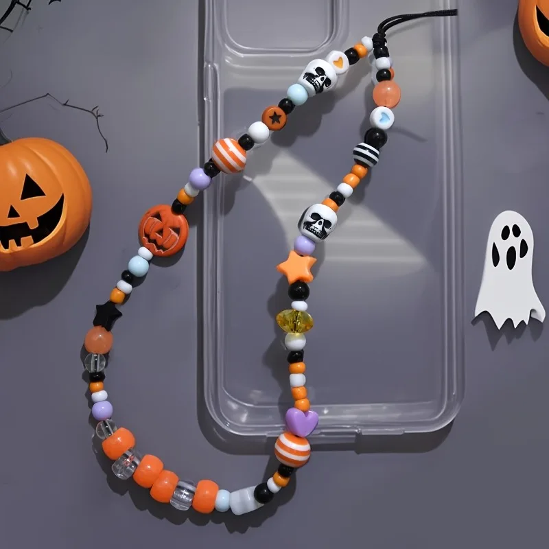 Halloween Terrifying Pumpkin Colorful Beaded Wrist Strap Anti-lost Lanyard For iPhone CCD Decorative Strap Phone Accessories