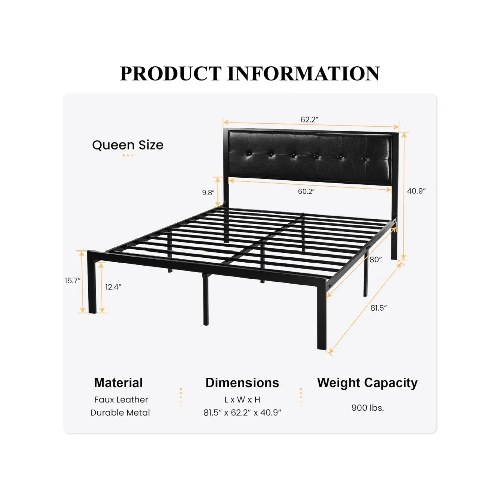 Bed Bases & Frames Button Tufted Square Stitched Headboard Easy Assembly Base Beds and Frames Queen Bedroom Furniture Frame Home