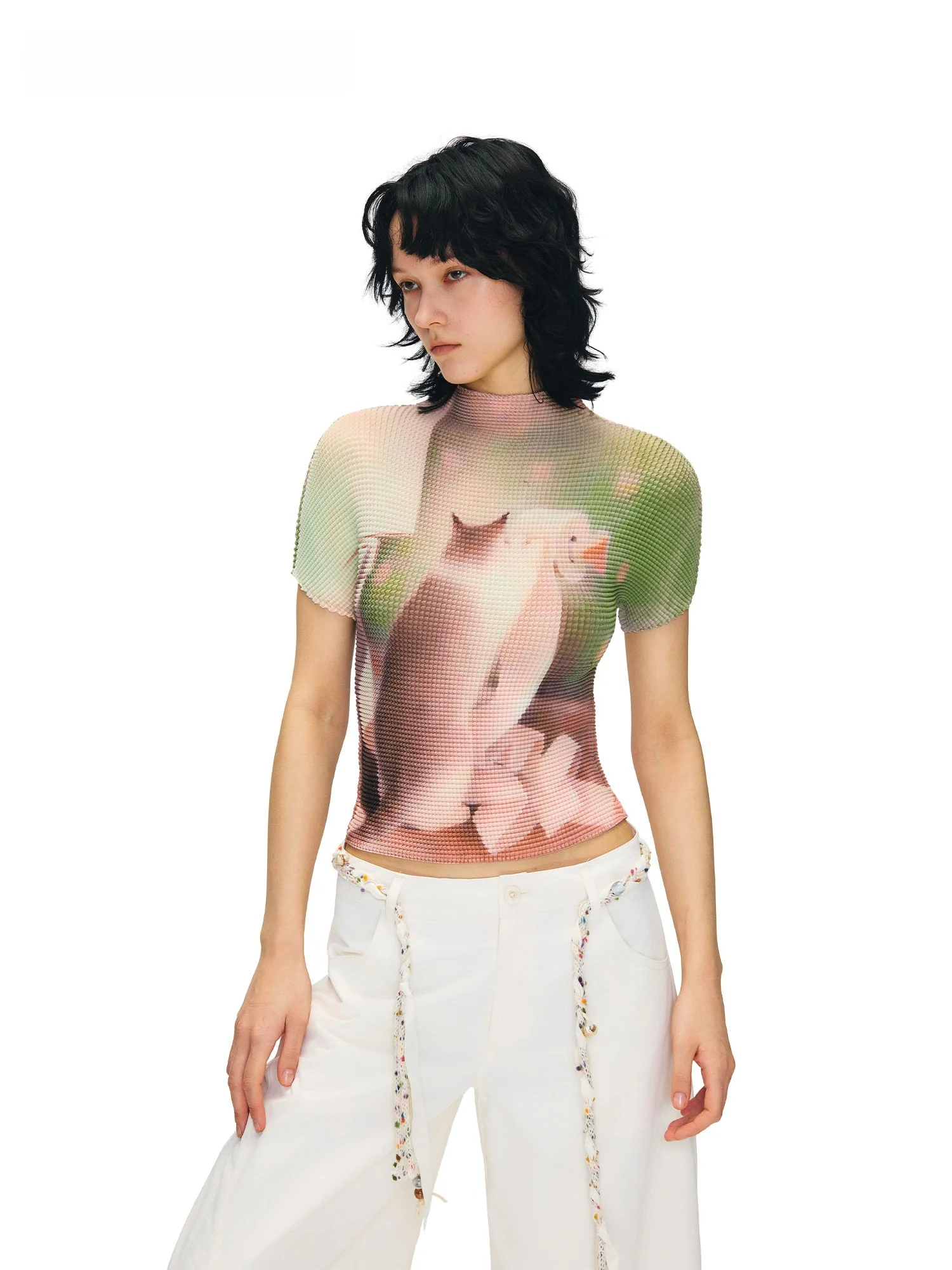 

Outthe Blue Summer New Personalized Pleated Print Short Sleeve T Shirt Women's Fashion Neutral Style Polyester Short Length