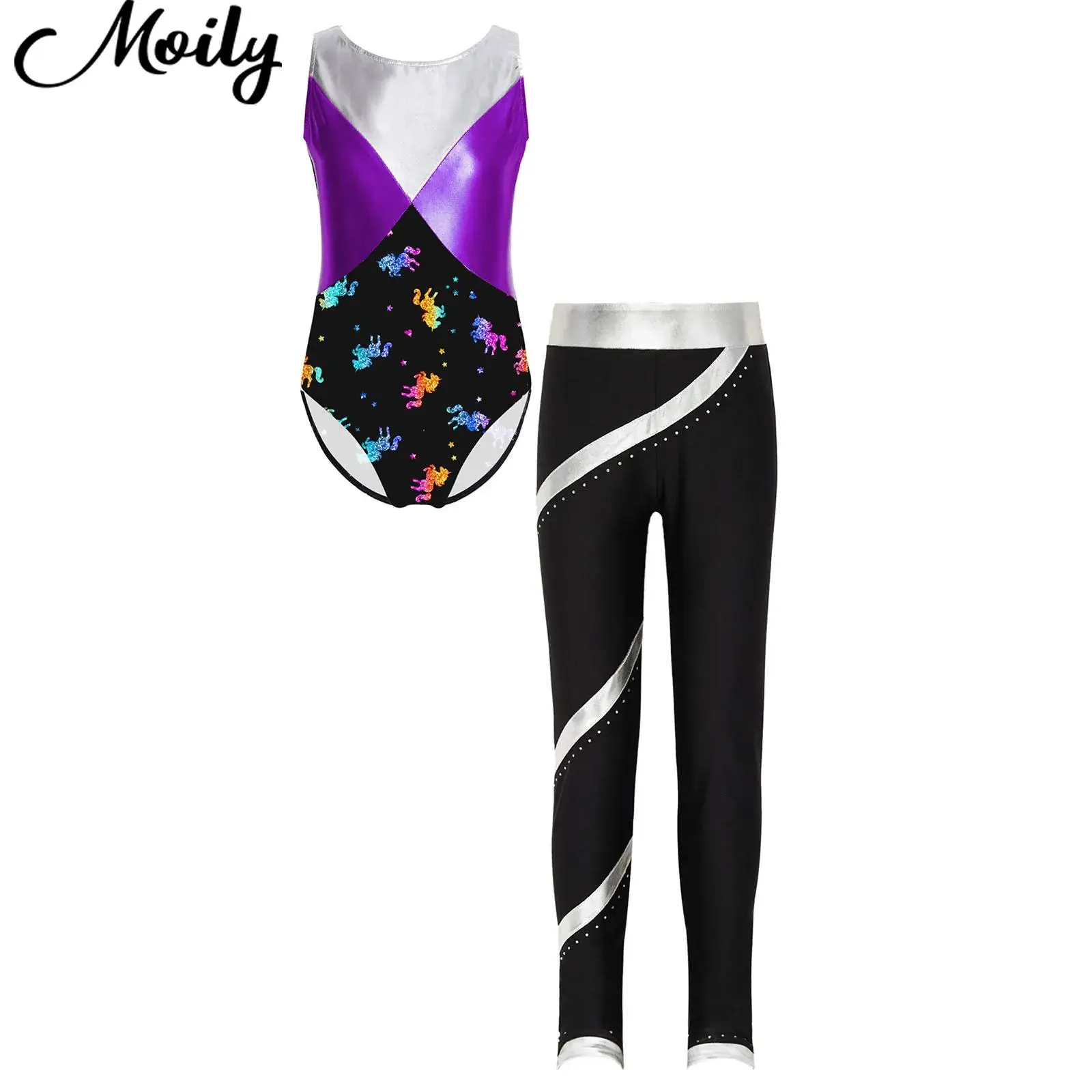 

Kids Girls Ballet Rhythmic Gymnastics Jumpsuit Patchwork Tutu Leotard Outfit Dancewear for Dancing Competition Skating Bodysuit