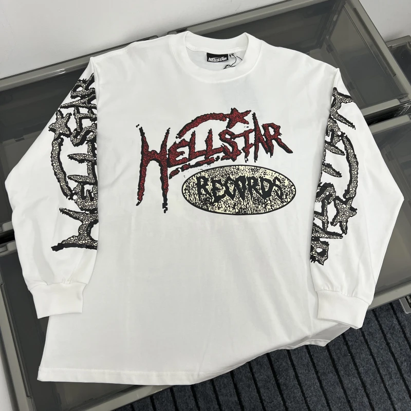 

Винтажная хлопковая длинная футболка Hell Star INS Waed, повседневная базовая футболка с принтом, дышащая свободная посадка, весенне-осенняя одежда