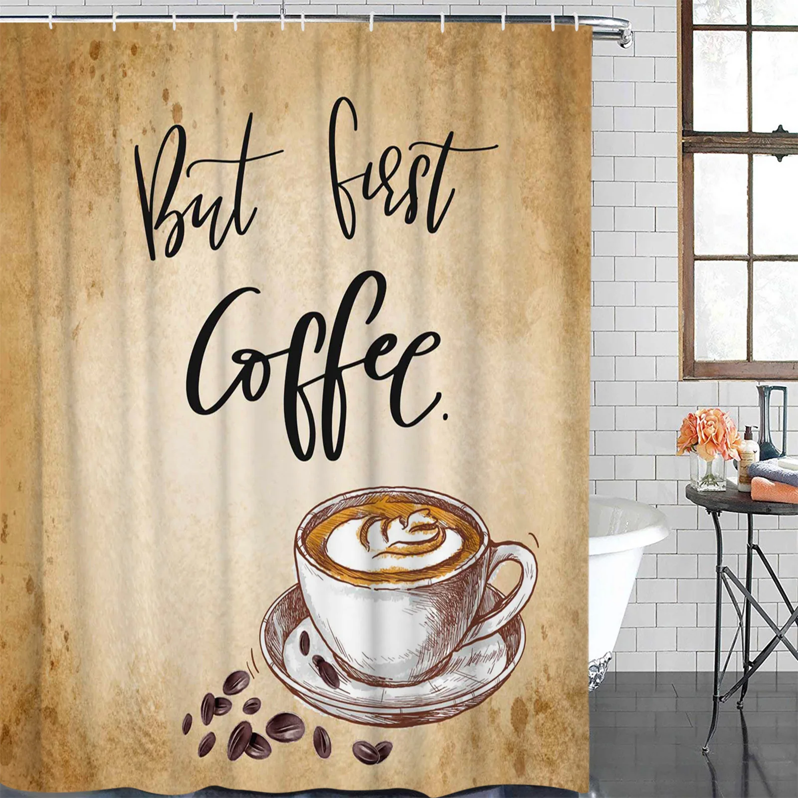 Coffee Coffee Beans Retro Waterproof Bathroom Decoration Shower Curtain With Hook Printed Bathtub Curtains Bathroom Accessories