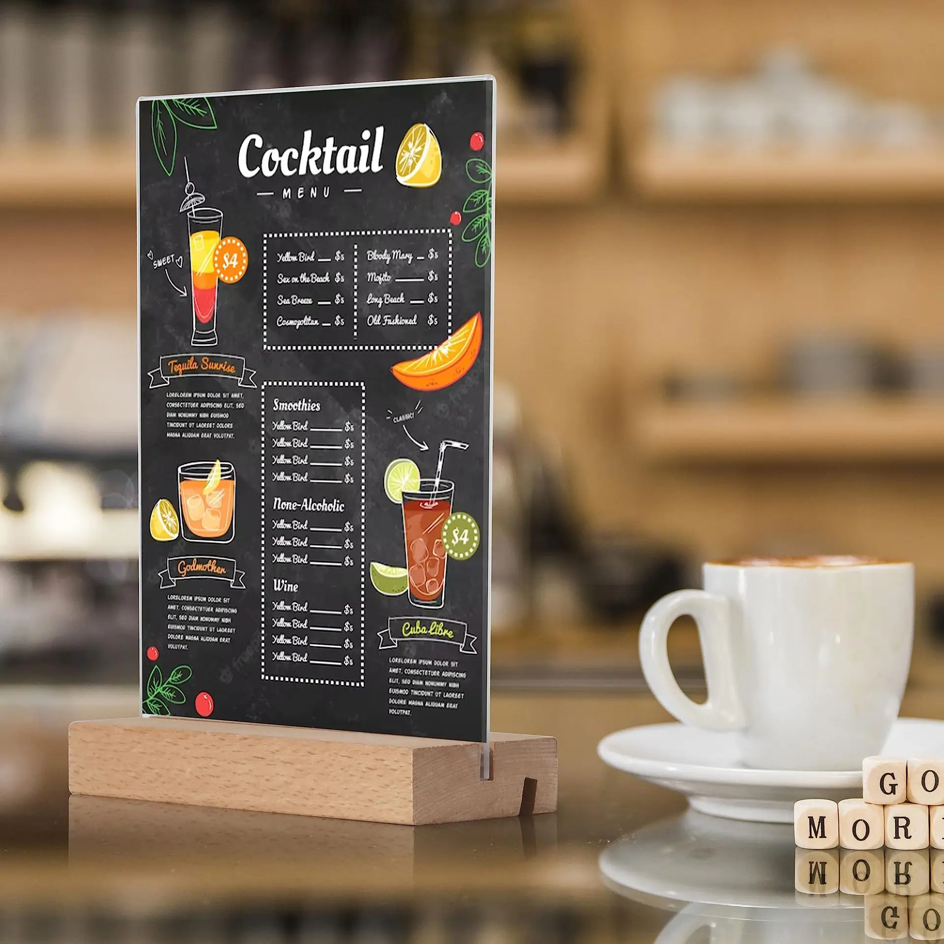 Acrylic Transparent Tape Wooden Base, T/L Billboard Menu Price List Table Card, Photo Frame, Table Number Sign, Schedule Display