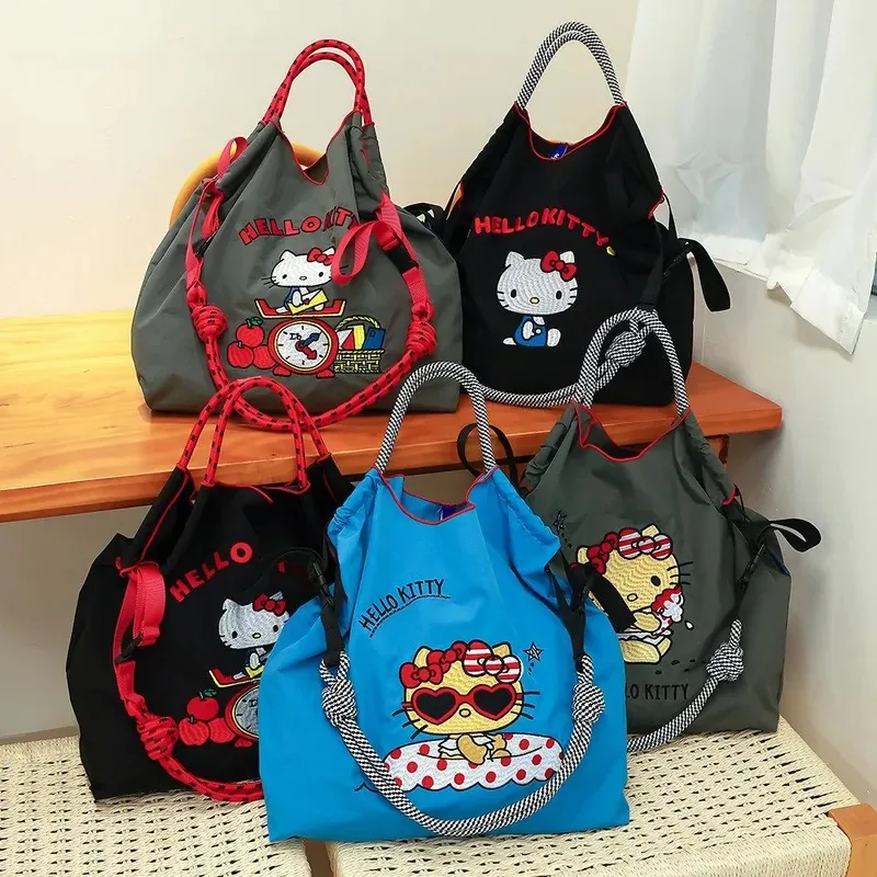 Bolsa de Compras Ecológica Bordada con Diseño de Hello Kitty, Bolsa de Lona Cruzada, Bolsa de Hombro para el Trabajo, Súper Linda, Regalos de Anime