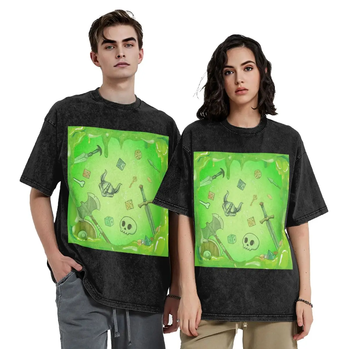 GELATINOUS CUBE Green Ooze Dnd Monster, Dnd Dice, Skull, Loot, Axe And Sword Washed T Shirts Short Sleeve Hip Hop T-Shirt