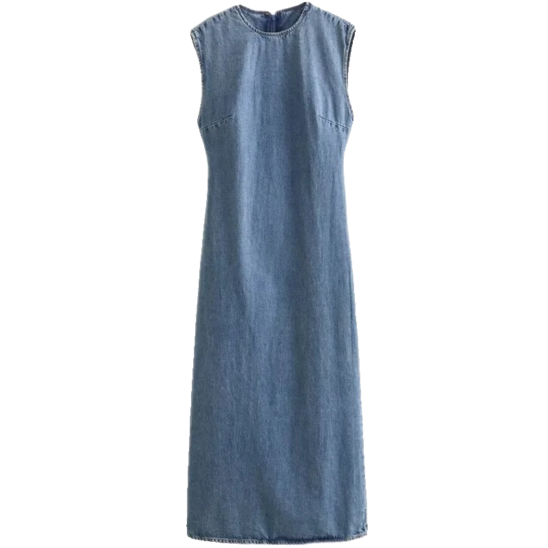 Versatile Midi Length Denim Dr 2024 Summer New Women's Faion Commute Sle Svel round Ne Other Material 00%