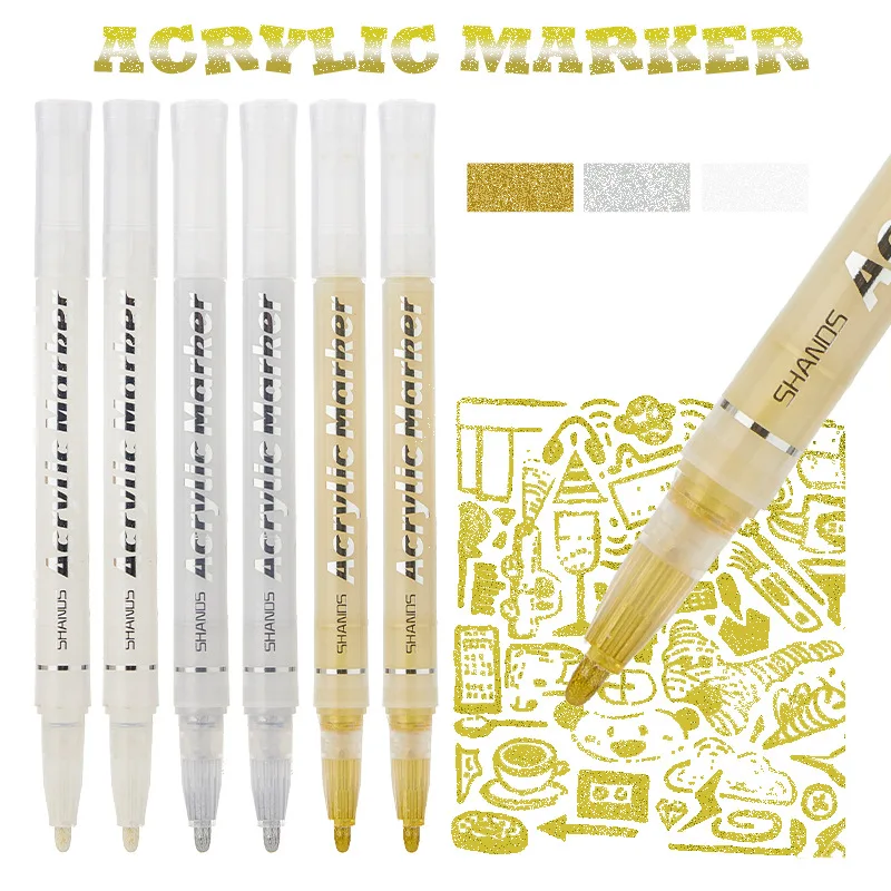 

Акриловый маркер Золото Серебро Белый Художественный маркер Ручка Студенческий маркер для рисования Металлический акриловый маркер