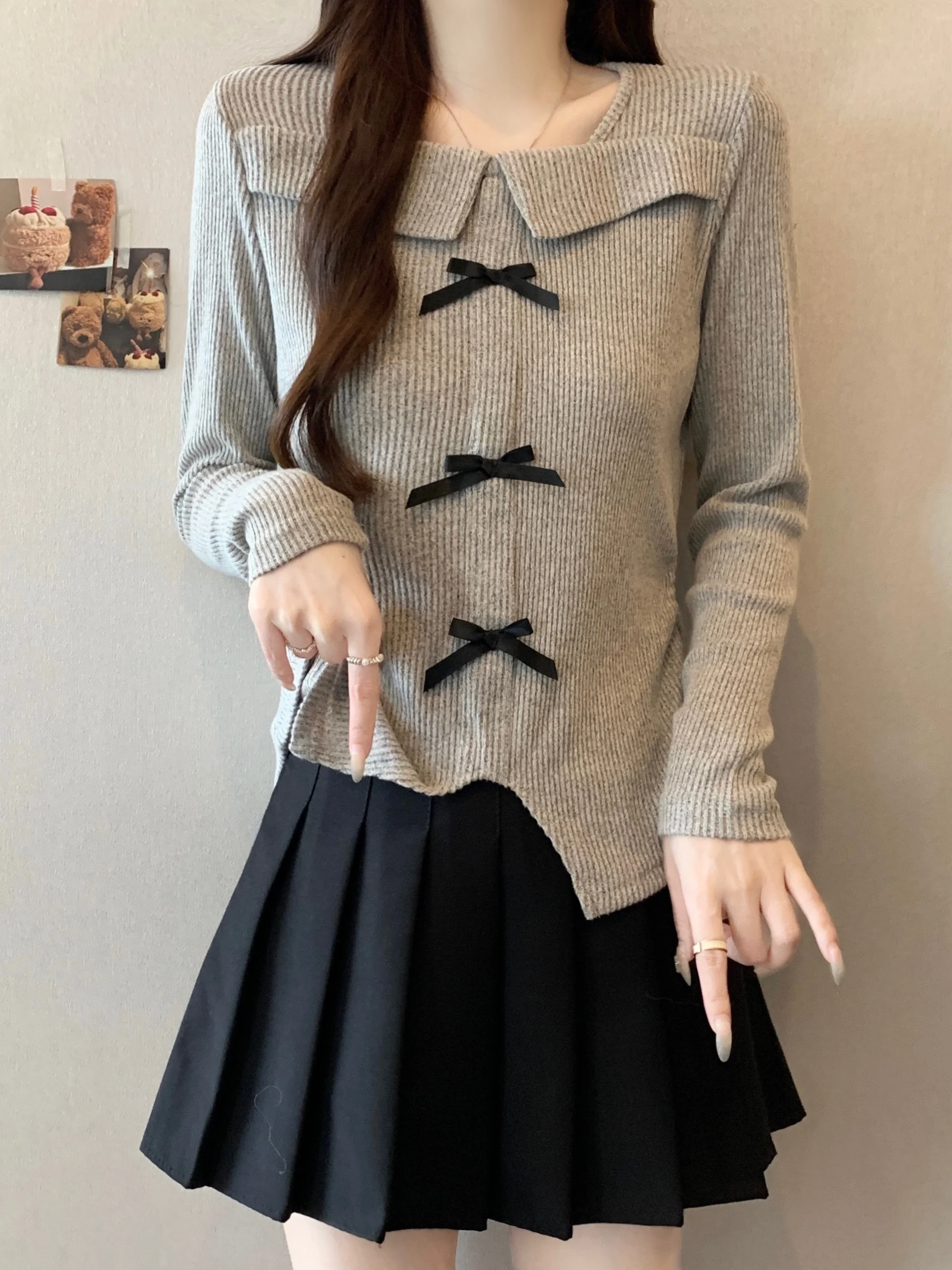 

plus Size Women's Square Collar T-irt Knot Long Sve Slimming Base irt Pleated Top Sweet Sle Knitted Cotton