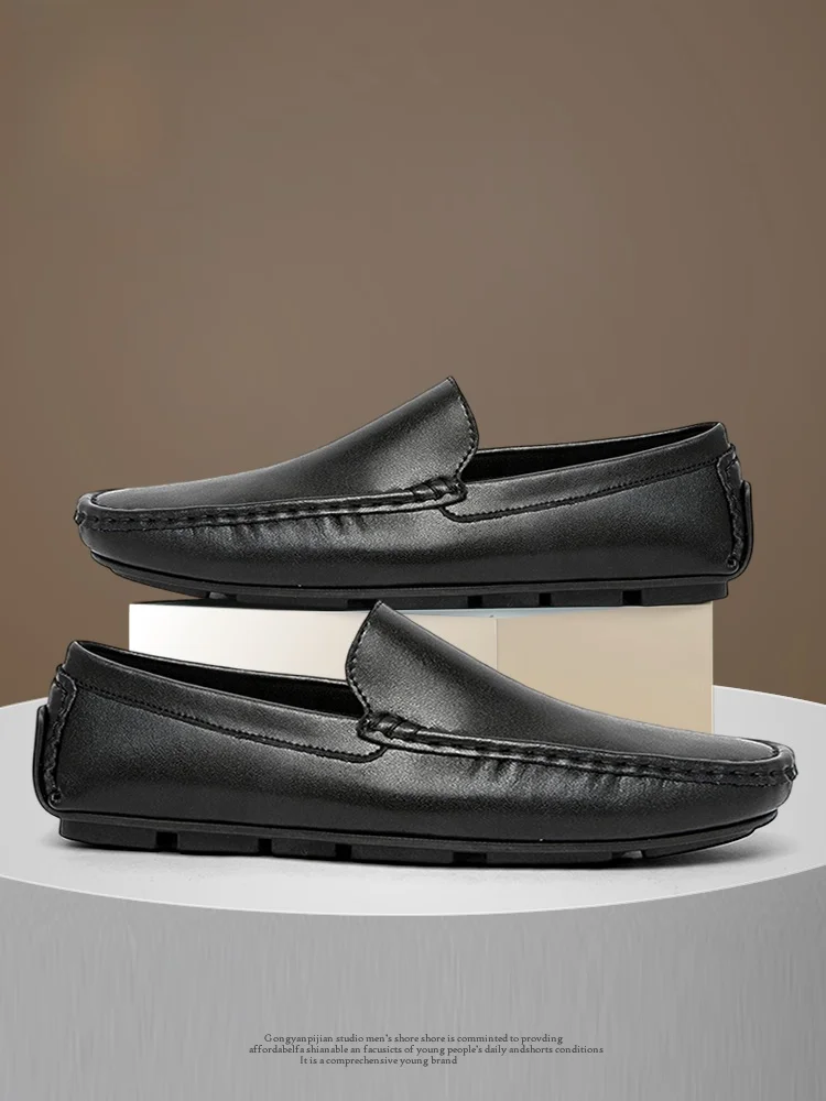 

Soft Leather Men's Slip-On Casual oes Comfortable Spring Autumn Wear Durable Rubber Sole round Toe Flat Heel Faion Loers