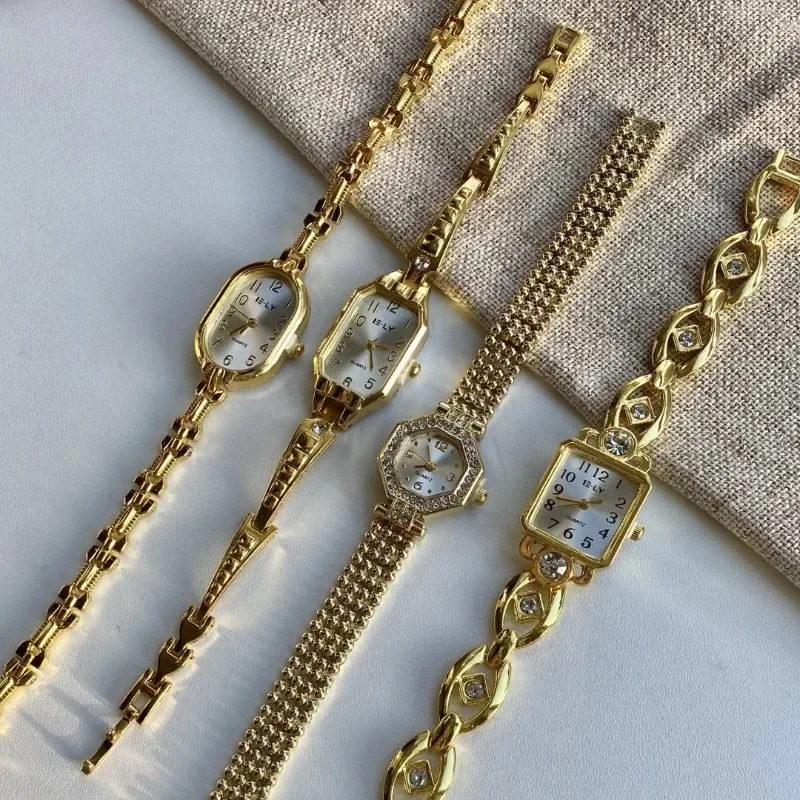 ساعة يد رقمية ذهبية فاخرة بمينا صغير للنساء بسوار على الطراز القديم مناسبة لحفلات أعياد الميلاد اليومية متعددة الاستخدامات