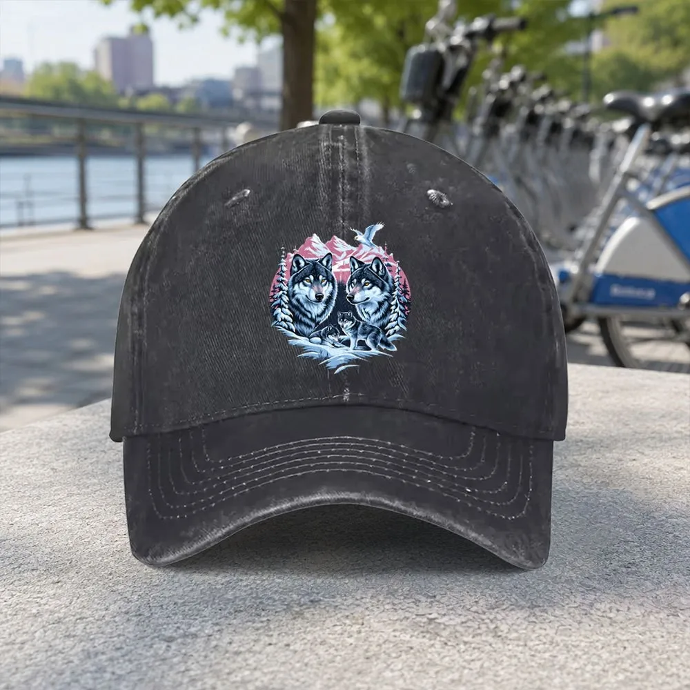 Snow Wolf Pack Pattern Washed Baseball Cap Cowboy Sun Hats Hip Hop Mens Snapback Cap