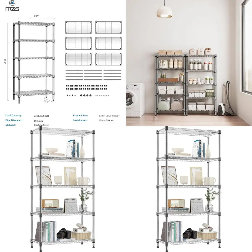 

5-Tier Heavy-Duty Metal Storage Shelves - Chrome, 13.8x29.5x59.5 for Closets, Garages, Kitchens, Bathrooms, and Laundry Rooms