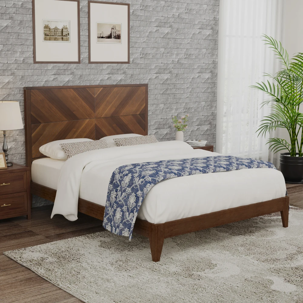 Bed Frame, Mid-Century  Solid Wooden Platform, Bed Wood Slat Support with No Box Spring Needed, King Walnut, Bedroom Funiturn