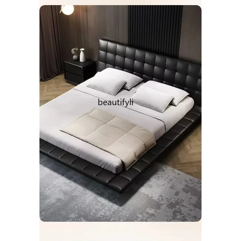 K132 Leather Suspended Bed Italian Master Bedroom Black Wedding Bed Modern Simple Flush Edge Bed