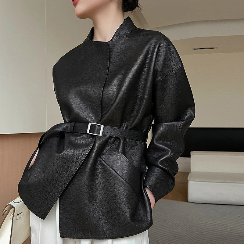 

Türkiye genuine leather lychee grain goat skin women's short coat spring new collection waist thin fashionable leather coat