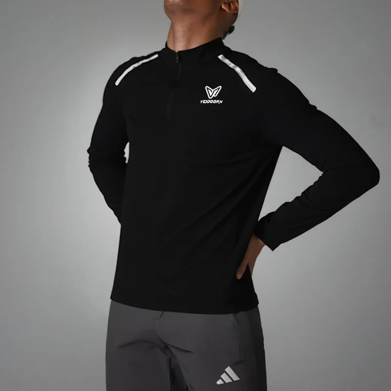 Veidoorn Reflektierendes Langarm-Trainings-T-Shirt mit Rollkragen für Herren, Stehkragen, Workout-Top, Fitnessstudio, Laufen, Sport-T-Shirt für Sicherheit