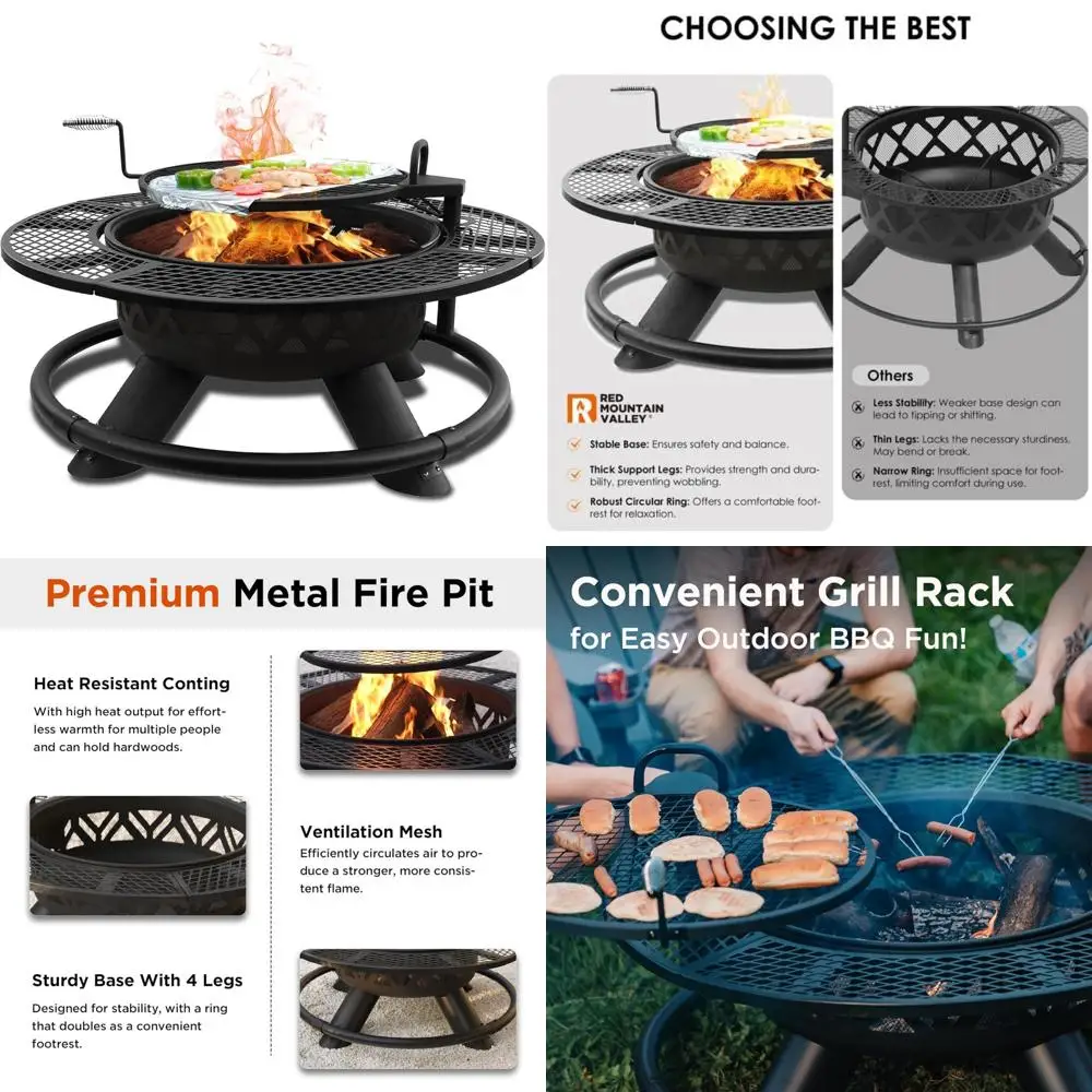 حفرة نار كبيرة محروقة للخشب في الهواء الطلق مزدوجة الأغراض مع شواية قابلة للتعديل، مثالية لحرائق الفناء