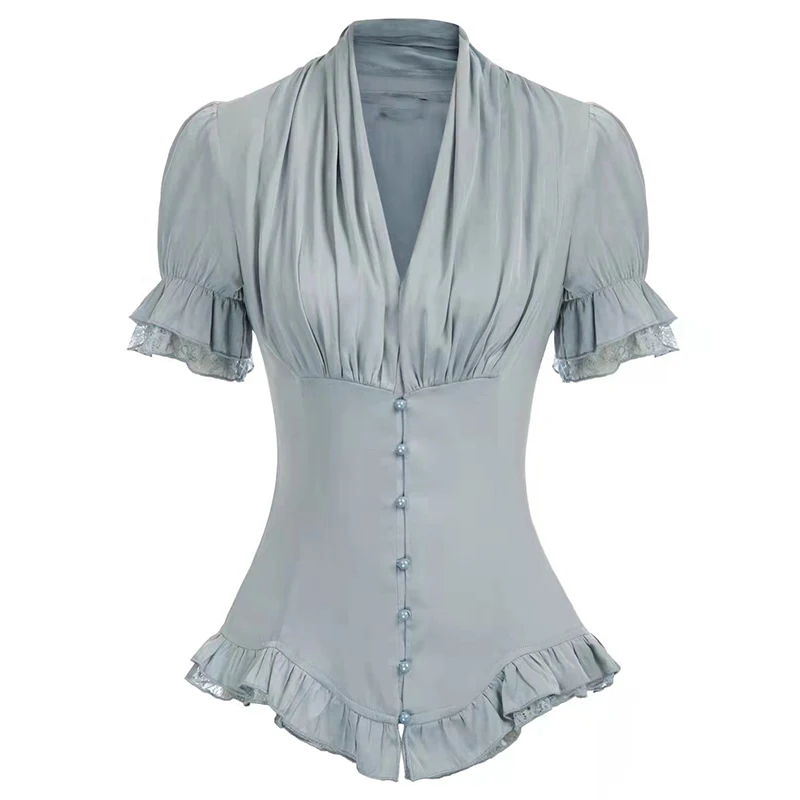 Vintage Victorian Blouse for Women Short Sleeve V Neck Lace Chiffon Slim Corset Shirt Tops