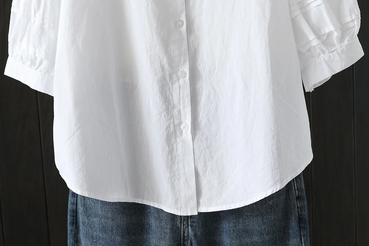 New Spring Cotton Solid Shirt Women Lapel Short Sleeve Folds Literature Tops Girl Versatile Doll Blouses 2024 Autumn T43977QC
