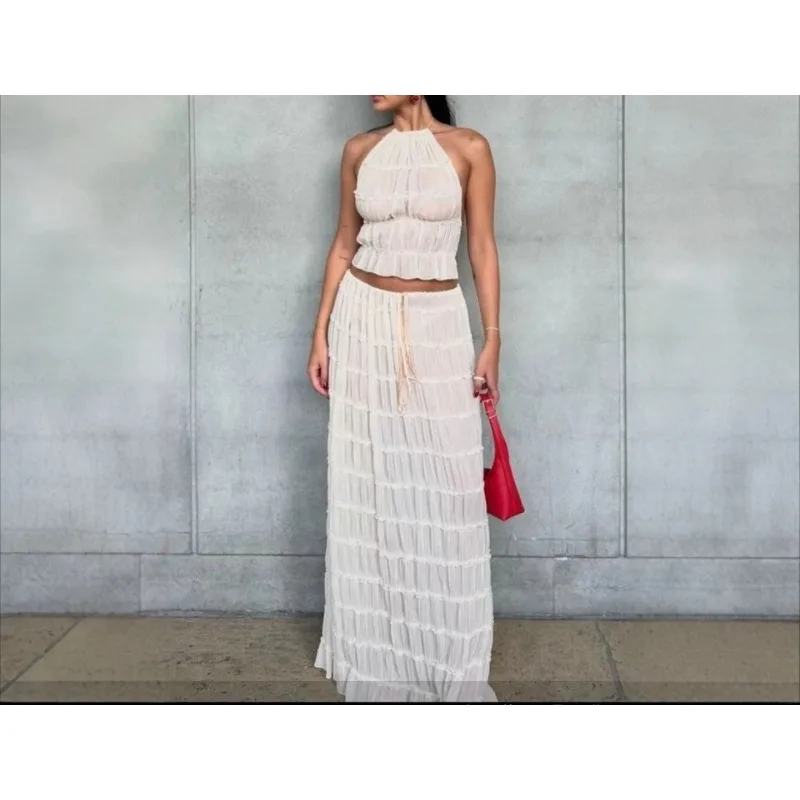 女性用ボヘミアンセクシーバックレスマッチングスーツ2ピースビーチホリデーコーデヴィンテージ風ギャザーホルターキャミトップス+マキシロングスカートパーティー