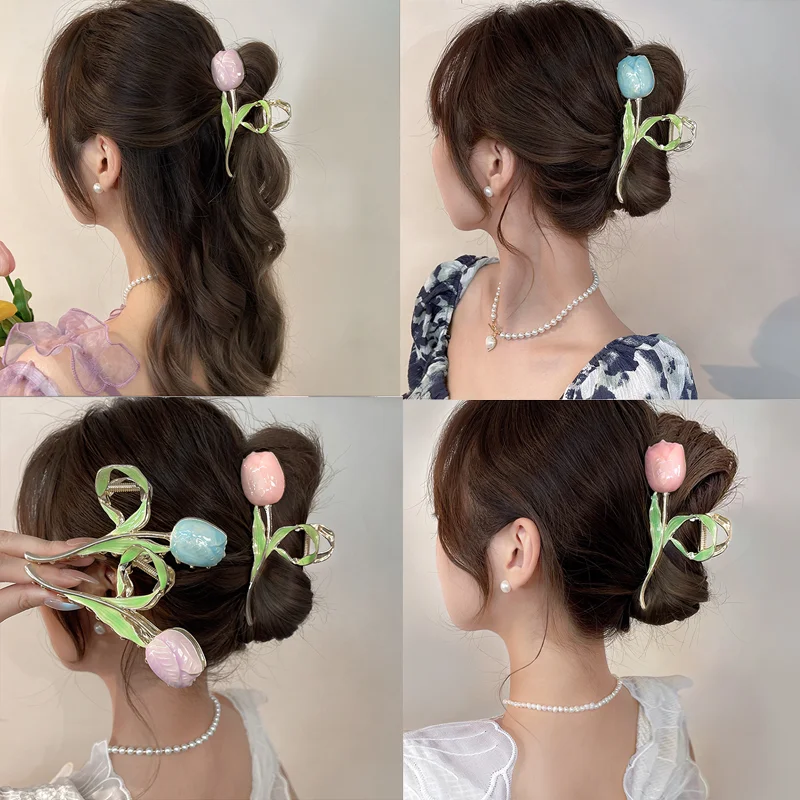 New Tulip Hair Claw Flower grace Shark Clip Headdress Vintage Ponytail Claw Clip Trendy sweet HAIR CLIP FOR GIRL Hair Jewelry