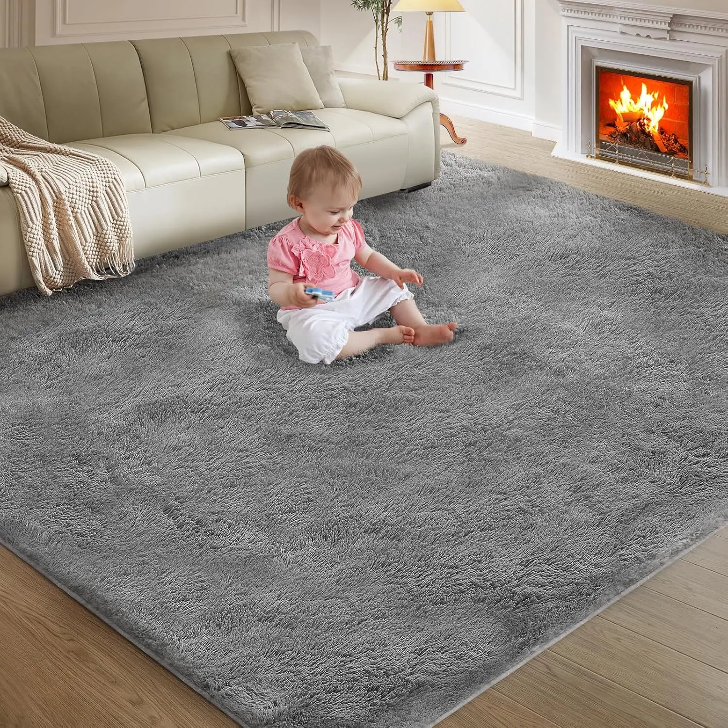 

Ultra Soft 5X8 Luffy Shag Rug for Living Room Bedroom, Modern Carpet for Teens Dorm, Anti-Skid Durable, Grey
